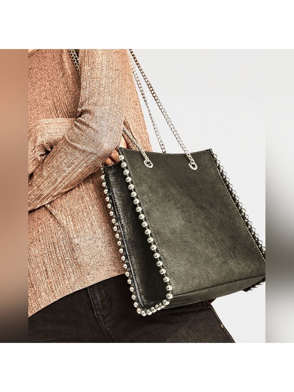ZARA Black Studded Chain Tote Bag – Silver Hardware